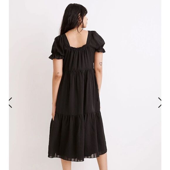 Madewell Square-Neck Tiered Midi Dress in Textured Seersucker - Picture 2 of 7